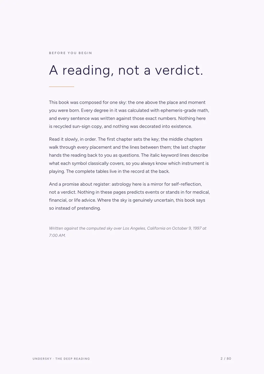 Opening letter page titled A reading, not a verdict